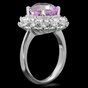 6.30 Carats Natural Kunzite and Diamond 14K Solid White Gold Ring