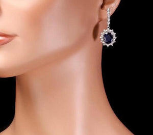 Exquisite 11.40 Carats Natural Sapphire and Diamond 14K Solid White Gold Earrings
