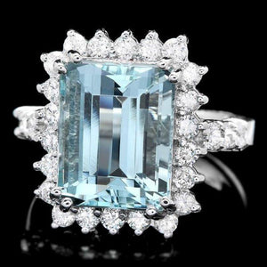 6.90 Carats Natural Aquamarine and Diamond 14k Solid White Gold Ring