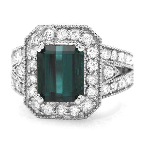 4.70 Carats Natural Very Nice Looking Green Tourmaline and Diamond 14K Solid White Gold Ring