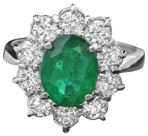 3.65 Carats Natural Emerald and Diamond 14K Solid White Gold Ring