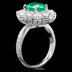 4.60 Carats Exquisite Emerald and Diamond 14K Solid White Gold Ring