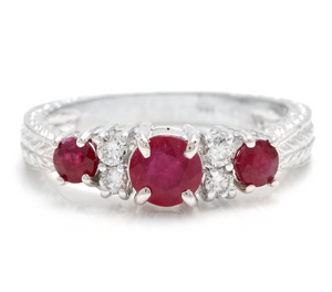 1.70 Carats Impressive Natural Untreated Ruby and Natural Diamond 14K White Gold Ring