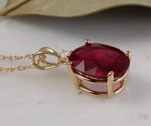 5.55Ct Natural Red Ruby and Diamond 14K Solid Yellow Gold Necklace