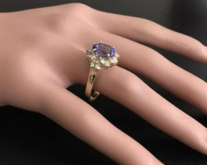 3.90 Carats Natural Very Nice Looking Tanzanite and Diamond 14K Solid Yellow Gold Ring
