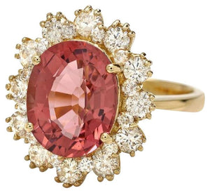 6.10 Carats Natural Very Nice Looking Tourmaline and Diamond 14K Solid Yellow Gold Ring