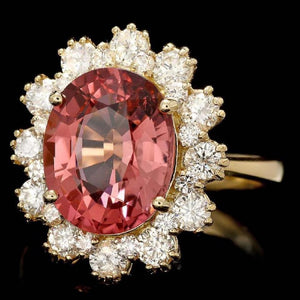 6.10 Carats Natural Very Nice Looking Tourmaline and Diamond 14K Solid Yellow Gold Ring