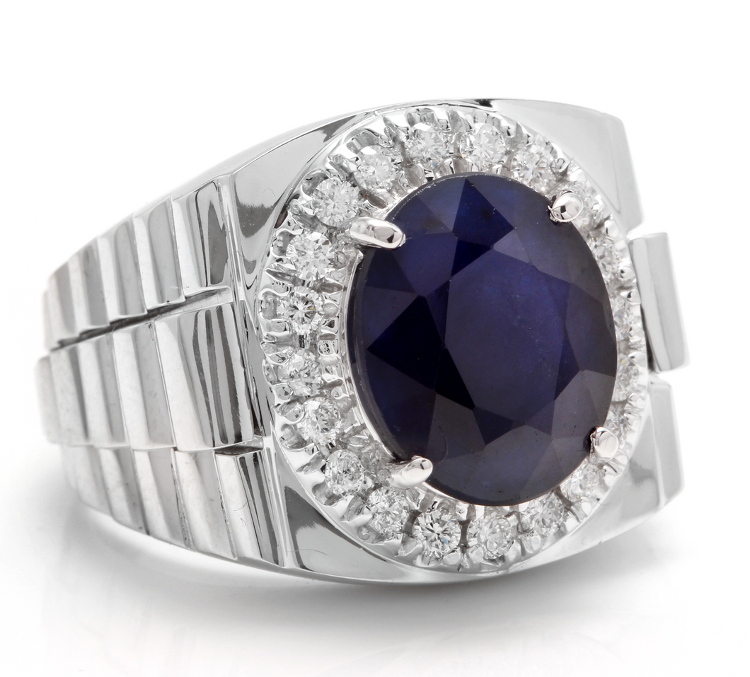 8.20 Carats Natural Diamond & Blue Sapphire 14K Solid White Gold Men's Ring