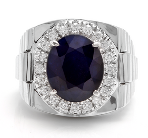 8.20 Carats Natural Diamond & Blue Sapphire 14K Solid White Gold Men's Ring