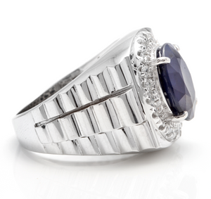 8.20 Carats Natural Diamond & Blue Sapphire 14K Solid White Gold Men's Ring