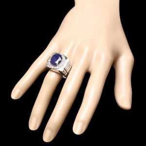 8.20 Carats Natural Diamond & Blue Sapphire 14K Solid White Gold Men's Ring