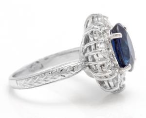 4.80 Carats Exquisite Natural Blue Sapphire and Diamond 14K Solid White Gold Ring