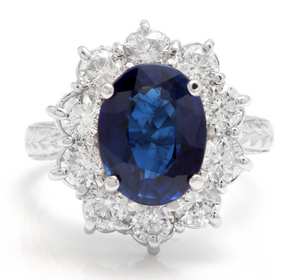 4.80 Carats Exquisite Natural Blue Sapphire and Diamond 14K Solid White Gold Ring