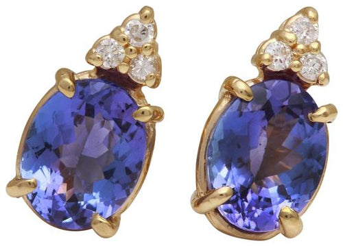 Exquisite 4.18 Carats Natural Tanzanite and Diamond 14K Solid Yellow Gold Stud Earrings