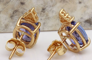 Exquisite 4.18 Carats Natural Tanzanite and Diamond 14K Solid Yellow Gold Stud Earrings