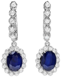 Exquisite 5.70 Carats Natural Sapphire and Diamond 14K Solid White Gold Earrings