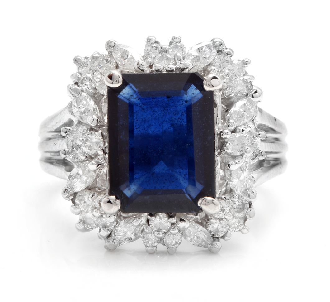 9.30 Carats Exquisite Natural Blue Sapphire and Diamond 14K Solid White Gold Ring