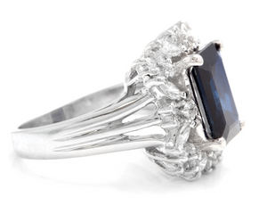 9.30 Carats Exquisite Natural Blue Sapphire and Diamond 14K Solid White Gold Ring