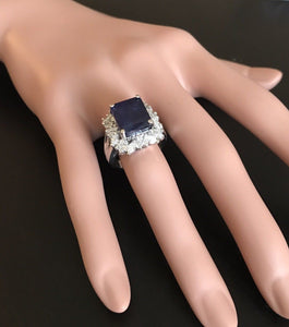 9.30 Carats Exquisite Natural Blue Sapphire and Diamond 14K Solid White Gold Ring