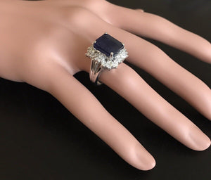 9.30 Carats Exquisite Natural Blue Sapphire and Diamond 14K Solid White Gold Ring