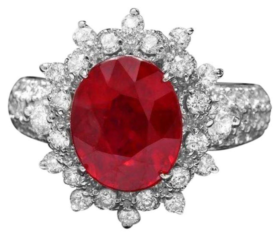 5.70 Carats Natural Red Ruby and Diamond 14K Solid White Gold Ring