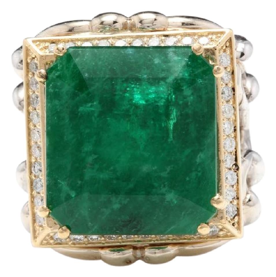 18.35 Carats Natural Emerald and Diamond 14K Solid Two Gold Ring
