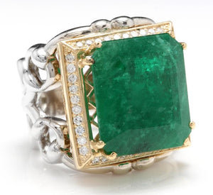 18.35 Carats Natural Emerald and Diamond 14K Solid Two Gold Ring