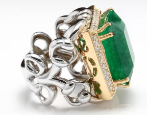 18.35 Carats Natural Emerald and Diamond 14K Solid Two Gold Ring