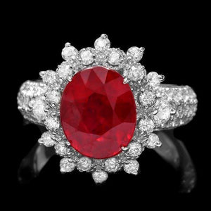 5.70 Carats Natural Red Ruby and Diamond 14K Solid White Gold Ring