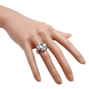 4.10 Carats Natural Aquamarine and Diamond 14K Solid White Gold Ring