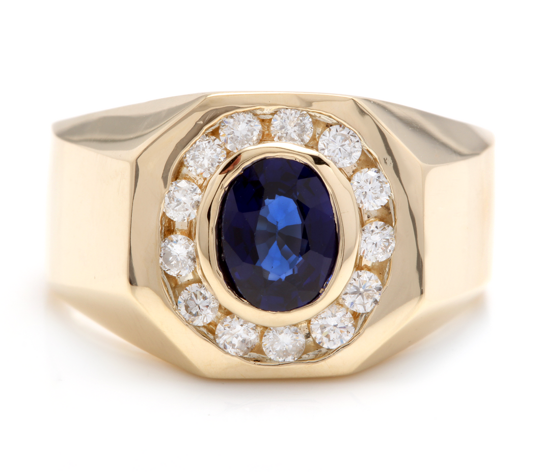 2.30 Carats Natural Diamond & Blue Sapphire 14K Solid Yellow Gold Men's Ring