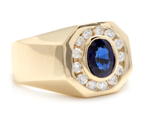 2.30 Carats Natural Diamond & Blue Sapphire 14K Solid Yellow Gold Men's Ring