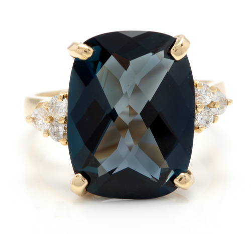 9.35 Carats Natural Impressive London Blue Topaz and Diamond 14K Yellow Gold Ring