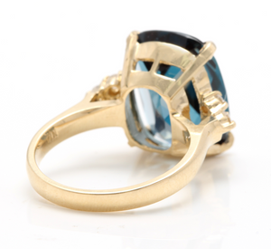 9.35 Carats Natural Impressive London Blue Topaz and Diamond 14K Yellow Gold Ring