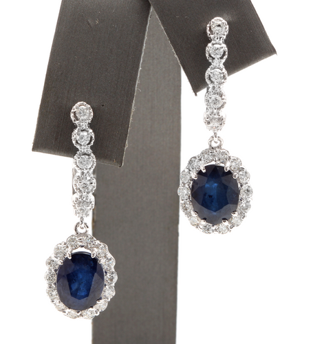 Exquisite 6.70 Carats Natural Sapphire and Diamond 14K Solid White Gold Earrings
