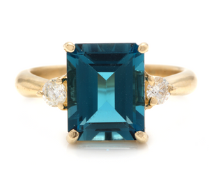 3.48 Carats Impressive Natural London Blue Topaz and Diamond 14K Yellow Gold Ring