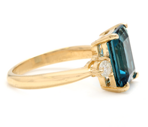 3.48 Carats Impressive Natural London Blue Topaz and Diamond 14K Yellow Gold Ring