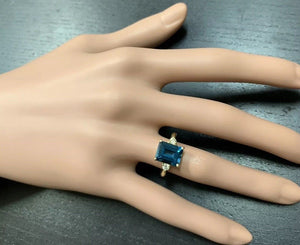 3.48 Carats Impressive Natural London Blue Topaz and Diamond 14K Yellow Gold Ring