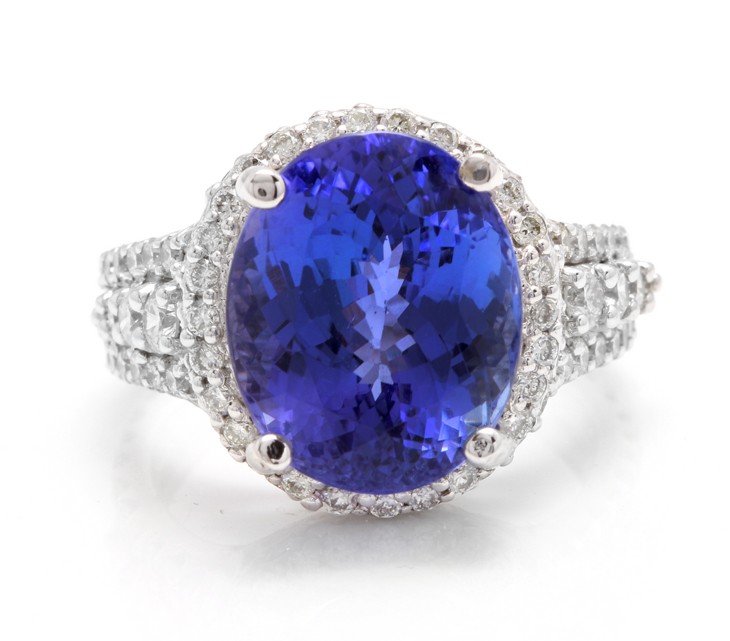 13.00 Carats Natural Very Nice Looking Tanzanite and Diamond 14K Solid White Gold Ring