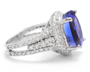 13.00 Carats Natural Very Nice Looking Tanzanite and Diamond 14K Solid White Gold Ring
