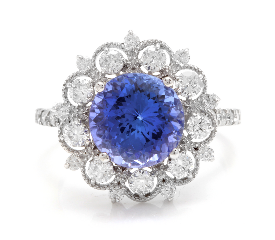 5.20 Carats Natural Very Nice Looking Tanzanite and Diamond 14K Solid White Gold Ring