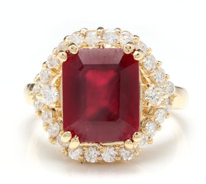 8.85 Carats Impressive Red Ruby and Natural Diamond 14K Yellow Gold Ring
