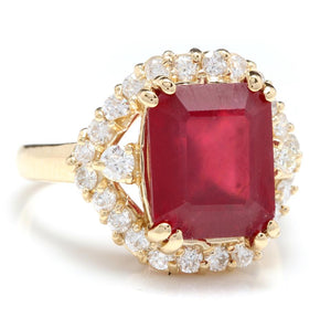 8.85 Carats Impressive Red Ruby and Natural Diamond 14K Yellow Gold Ring