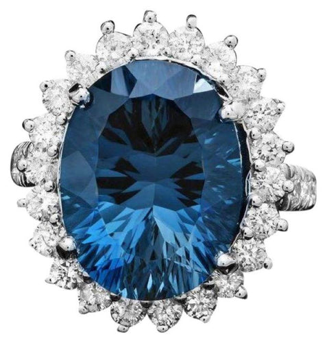 12.50 Carats Natural Blue Topaz and Diamond 14k Solid White Gold Ring