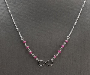 Splendid 14k Solid White Gold Infinity Necklace with Natural Diamond Accent and Rough Rubies