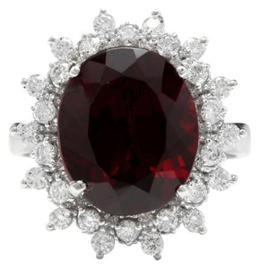 8.80 Carats Natural Impressive Red Garnet and Diamond 14K White Gold Ring