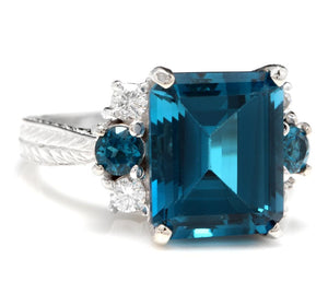 7.75 Carats Natural London Blue Topaz and Diamond 14K Solid White Gold Ring