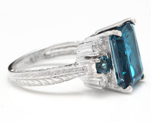 7.75 Carats Natural London Blue Topaz and Diamond 14K Solid White Gold Ring