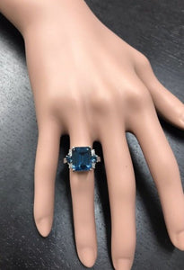 7.75 Carats Natural London Blue Topaz and Diamond 14K Solid White Gold Ring