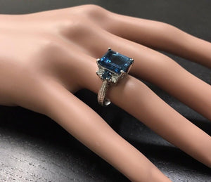 7.75 Carats Natural London Blue Topaz and Diamond 14K Solid White Gold Ring